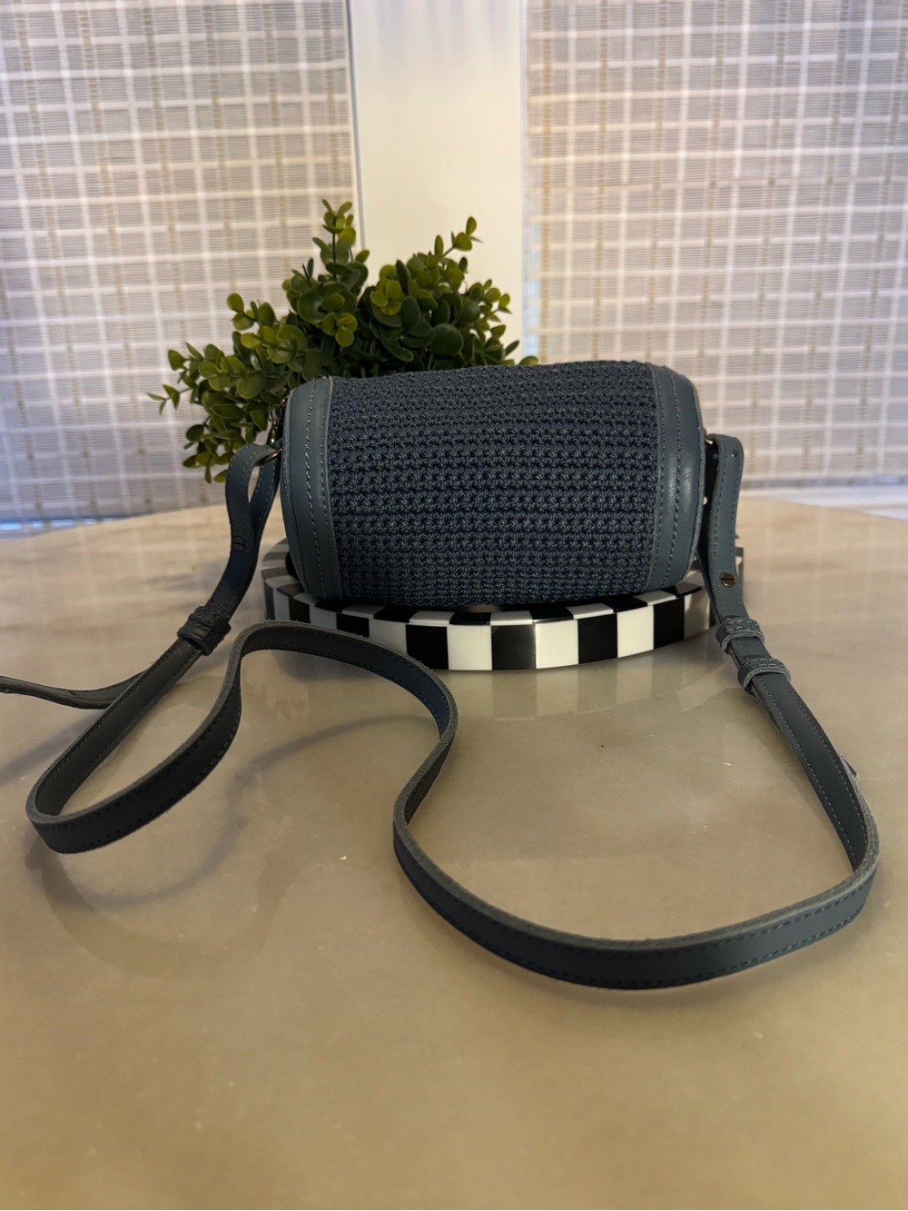 The Sak Woven Barrel Crossbody in Slate Blue